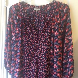 Lila Rose 2X V neck blue with red/pink floral print, 3/4 sleeves, button detail